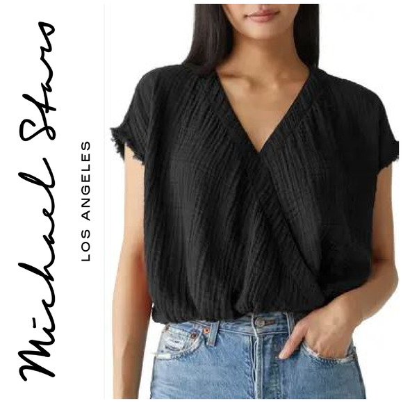 Michael Stars Evie Crossover Surplice Double Gauze Sleeveless Top Black Sz S - Picture 1 of 6